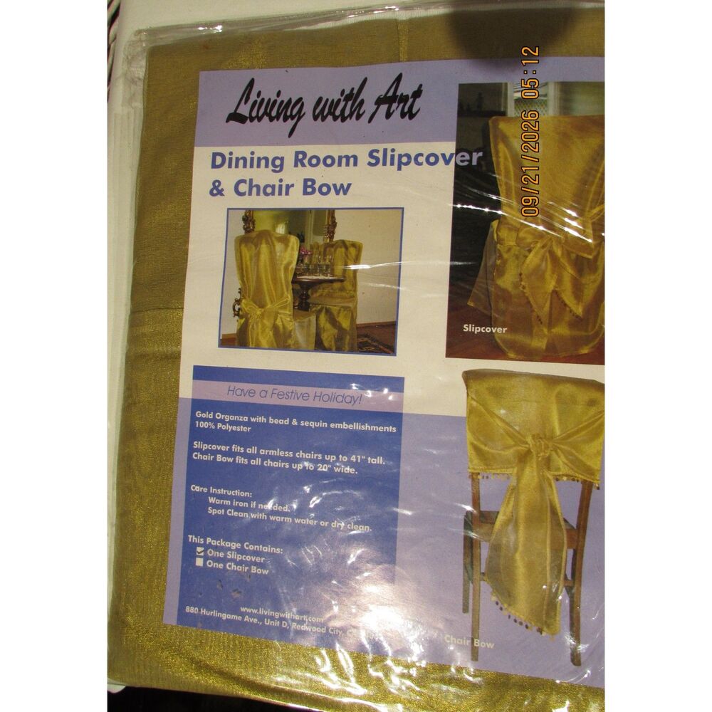 Dining room slipcovers set of 4 sequin embellishments new bow shiny gold organza